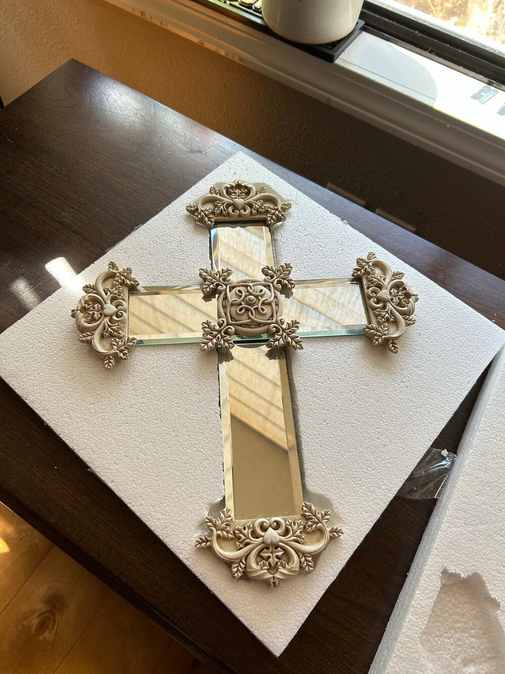 New ornate decorative wall cross cream scrollwork mirrored glass religious gift